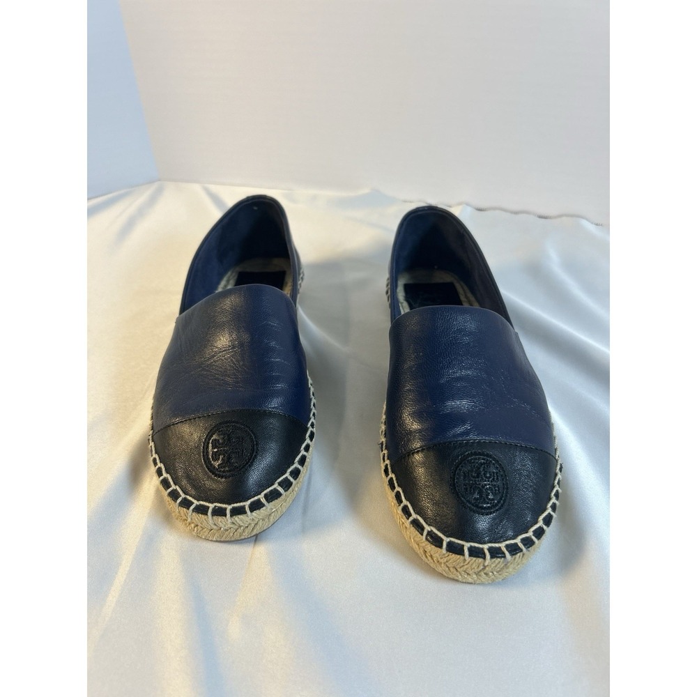 Tory Burch Women Navy Black Leather Cap Toe Espadrille Flats Sz 7 Elegant Preppy